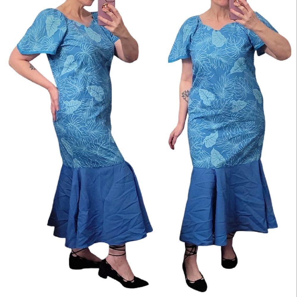 VTG Handmade Blue Mermaid Hawaiian Midi Dress *Fits Like Large
